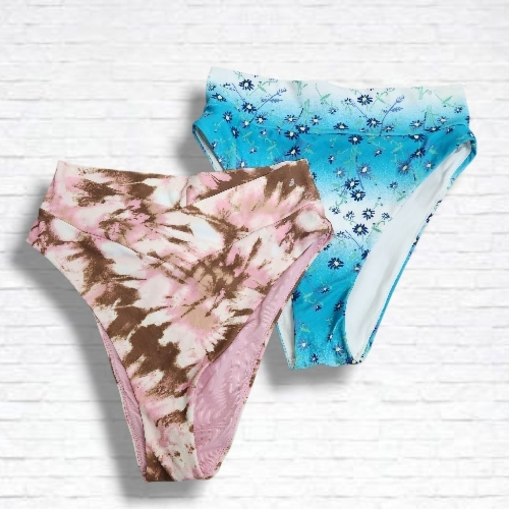 NEW! Aerie High Cut Cheeky Pink & Blue Pattern Bikini Bottom Bundle Size M NWOT